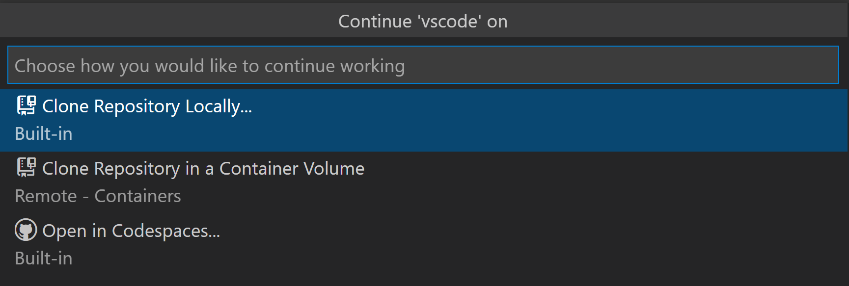 VS Code Command Palette with options to continue locally, in a volume, or in Codespaces