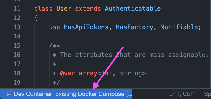 The remote indicator in VS Code showing connection to a container