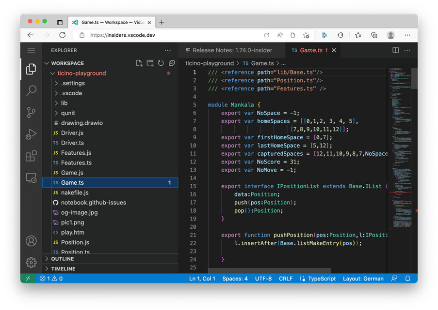 VS Code for Web running in the browser