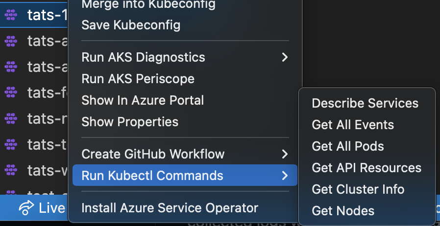 Cloud explorer extension Run Kubectl Commands menu