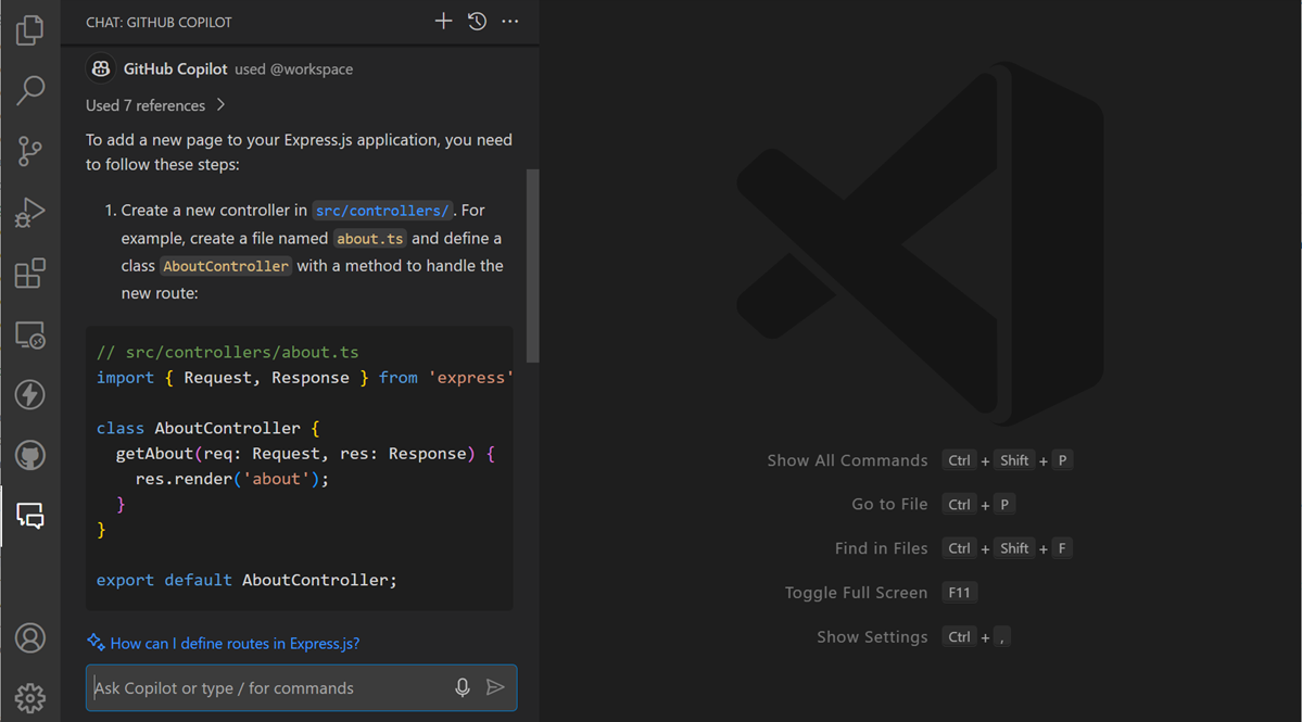 Screenshot of VS Code Copilot Chat view, showing the results for added a page.
