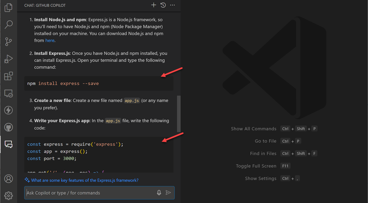 Screenshot of VS Code Copilot Chat view, showing the chat response with code blocks in the response.