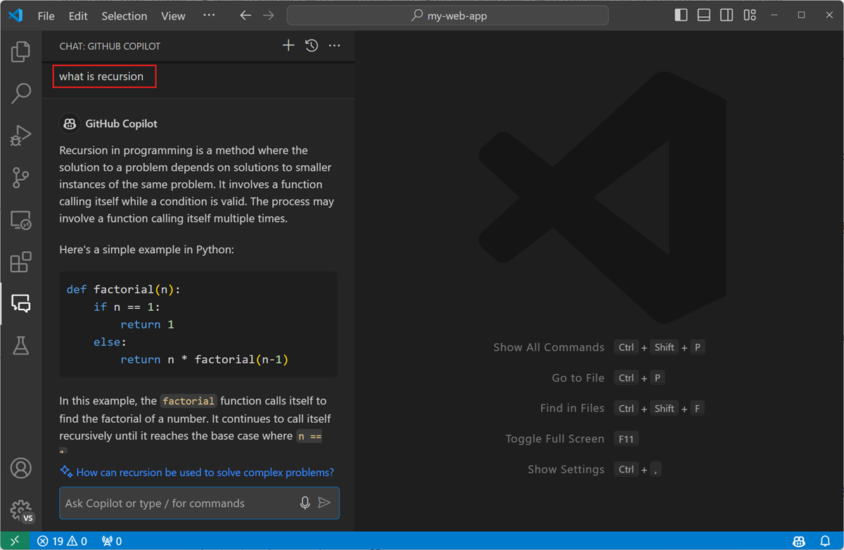 Screenshot of VS Code editor, showing the Copilot Chat view containing the answer to what recursion is. The result contains both text and a code block.