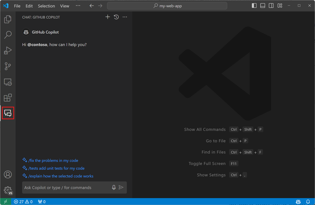 Screenshot of VS Code editor, showing the Copilot Chat view, highlighting the chat control in the Activity bar.