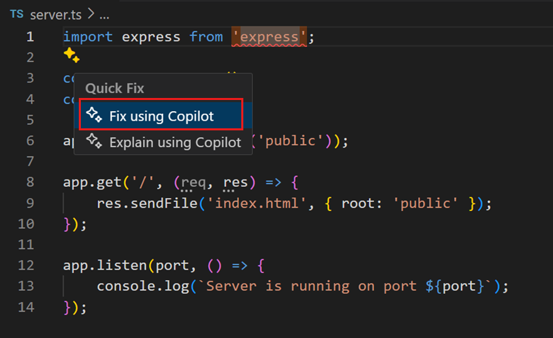 Screenshot of VS Code editor, showing the Copilot code actions, hihglighting .