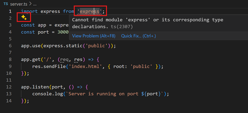 Screenshot of VS Code editor, showing the Copilot sparkle because of an error with the express import statement.