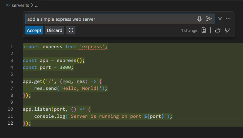 Screenshot of VS Code editor, showing the Copilot inline chat response for adding an Express web server.