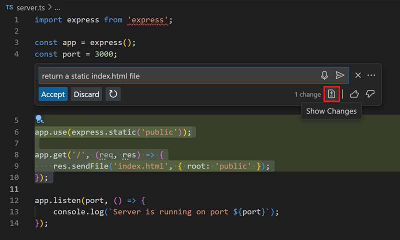 Screenshot of VS Code editor, showing the Copilot inline chat suggested changes, highlighting the  button.