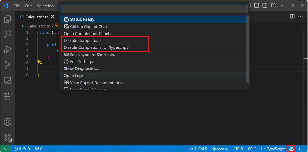 Screenshot showing the VS Code command menu for Copilot, highlighting the options to disable completions.