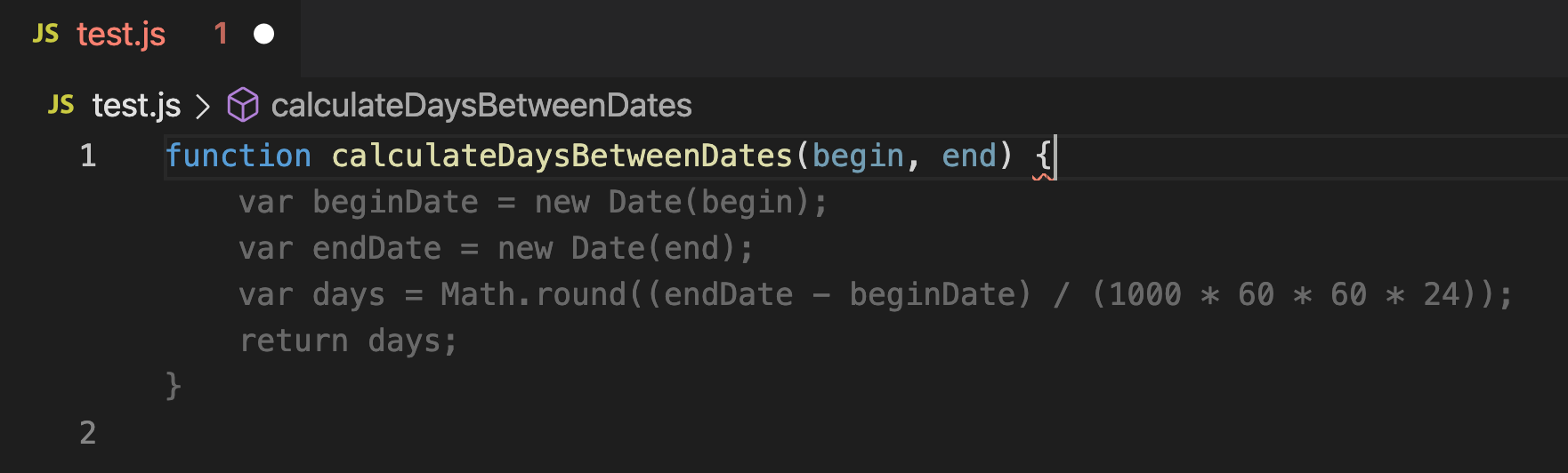 Inline chat suggests the implementation of a 'CalculateDaysBetweenDates' JavaScript function