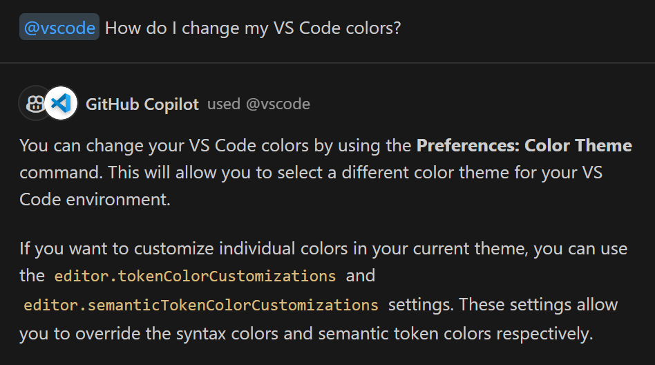 Asking the @vscode participant how to change the VS Code colors