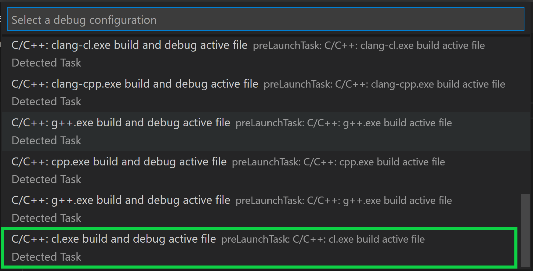 C++ debug configuration dropdown