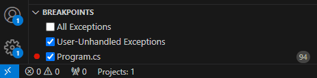 Exceptions settings in BREAKPOINTS Run View