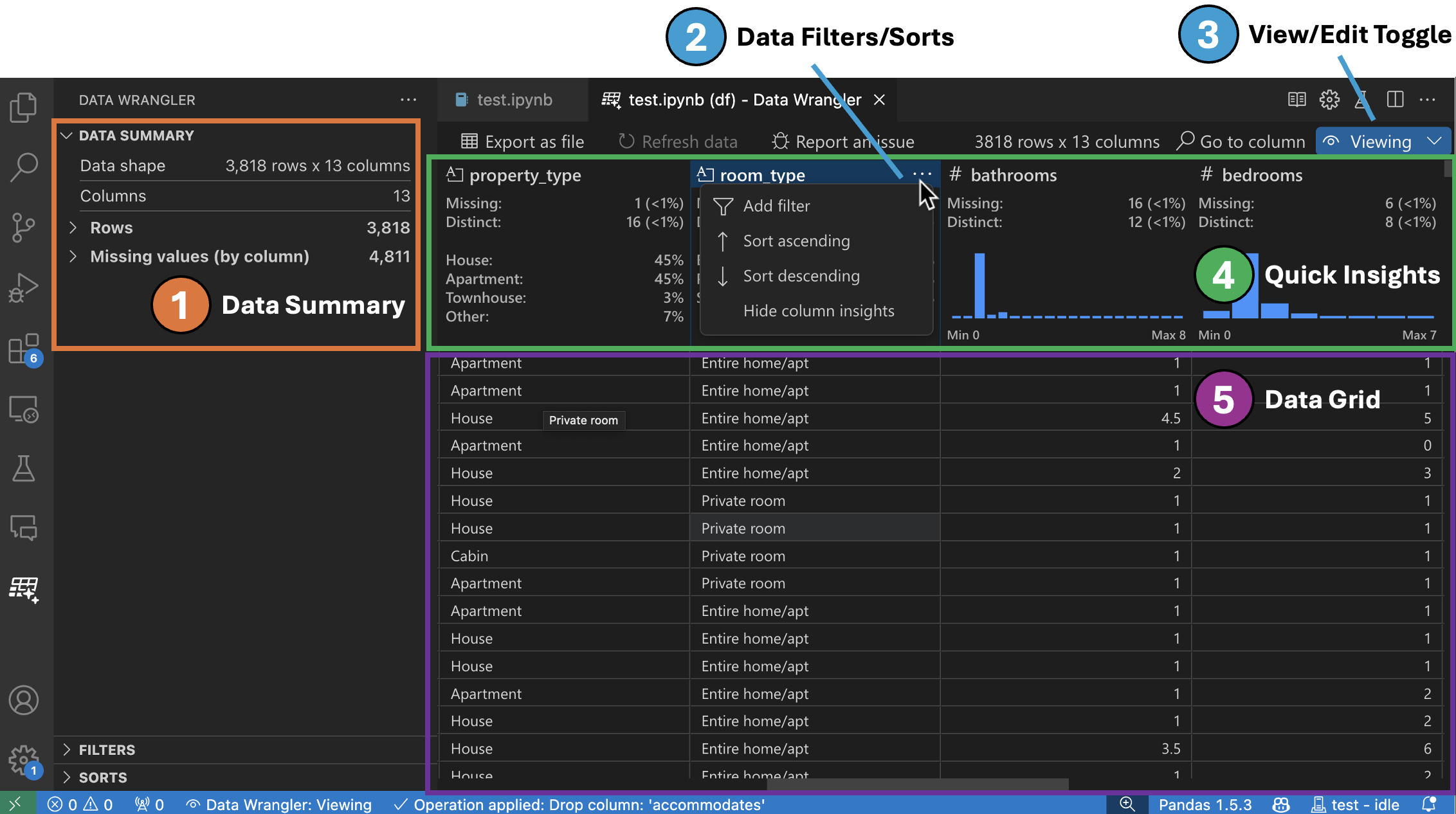 a screenshot showing the different components in the UI for Data Wrangler in Viewing mode