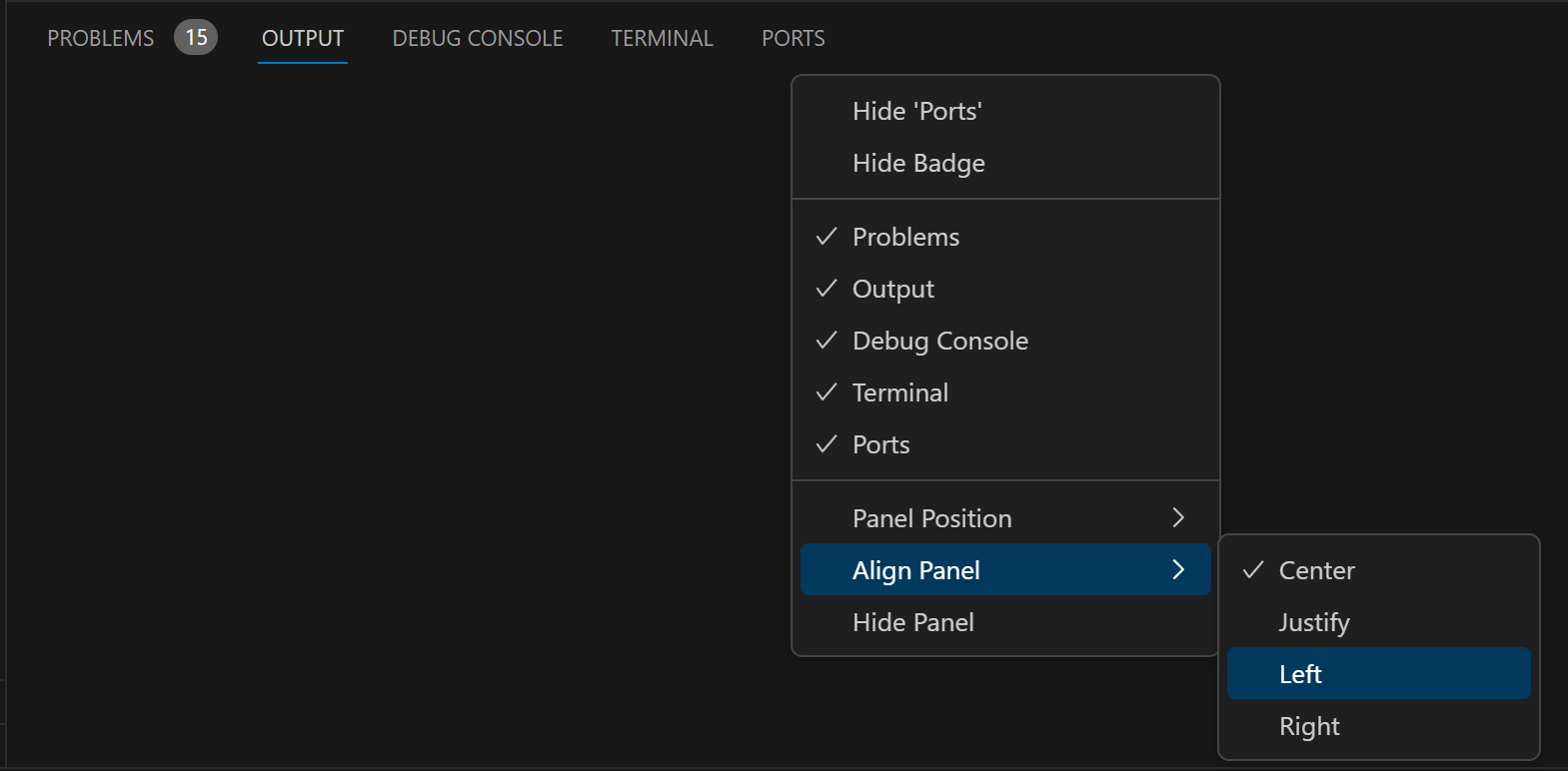 Align Panel options from Panel title context menu
