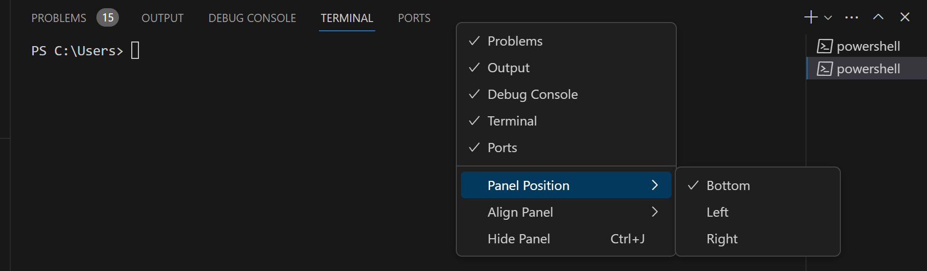 Panel title bar context menu with Panel Position options
