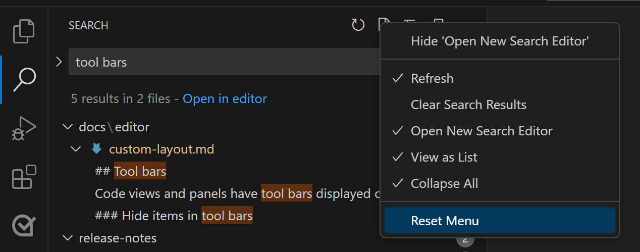 Search tool bar context menu with Reset menu command