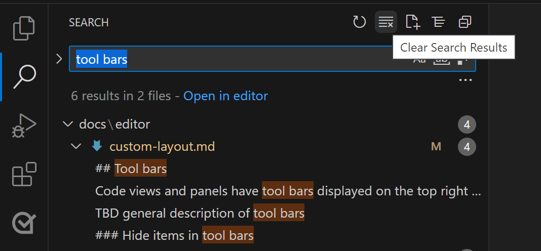Search view tool bar with hover over Clear Search Results action