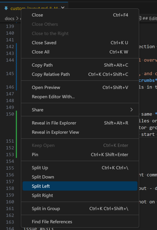 Split editor commands in the editor tab context menu