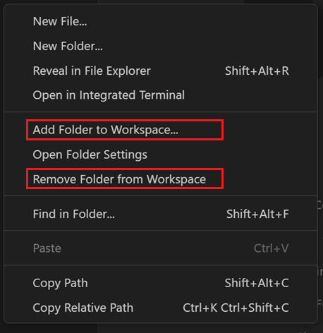File Explorer context menu, highlighting options to add or remove folders to the workspace