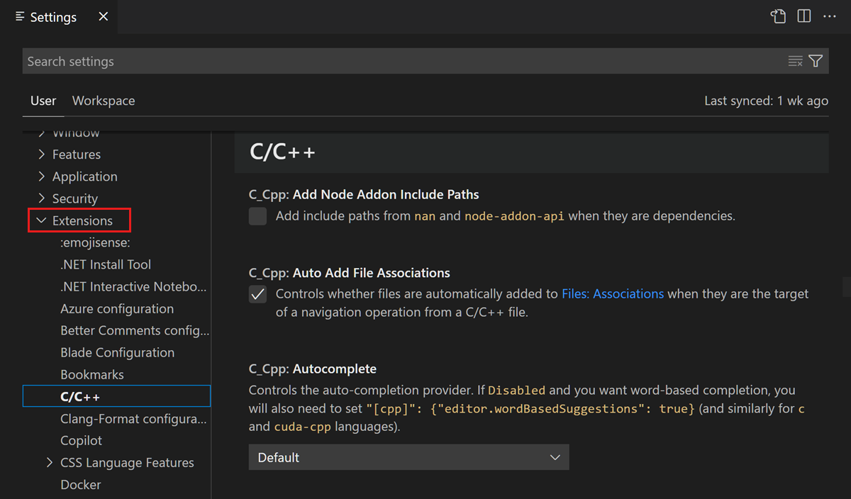 C++ extension settings in the Settings editor