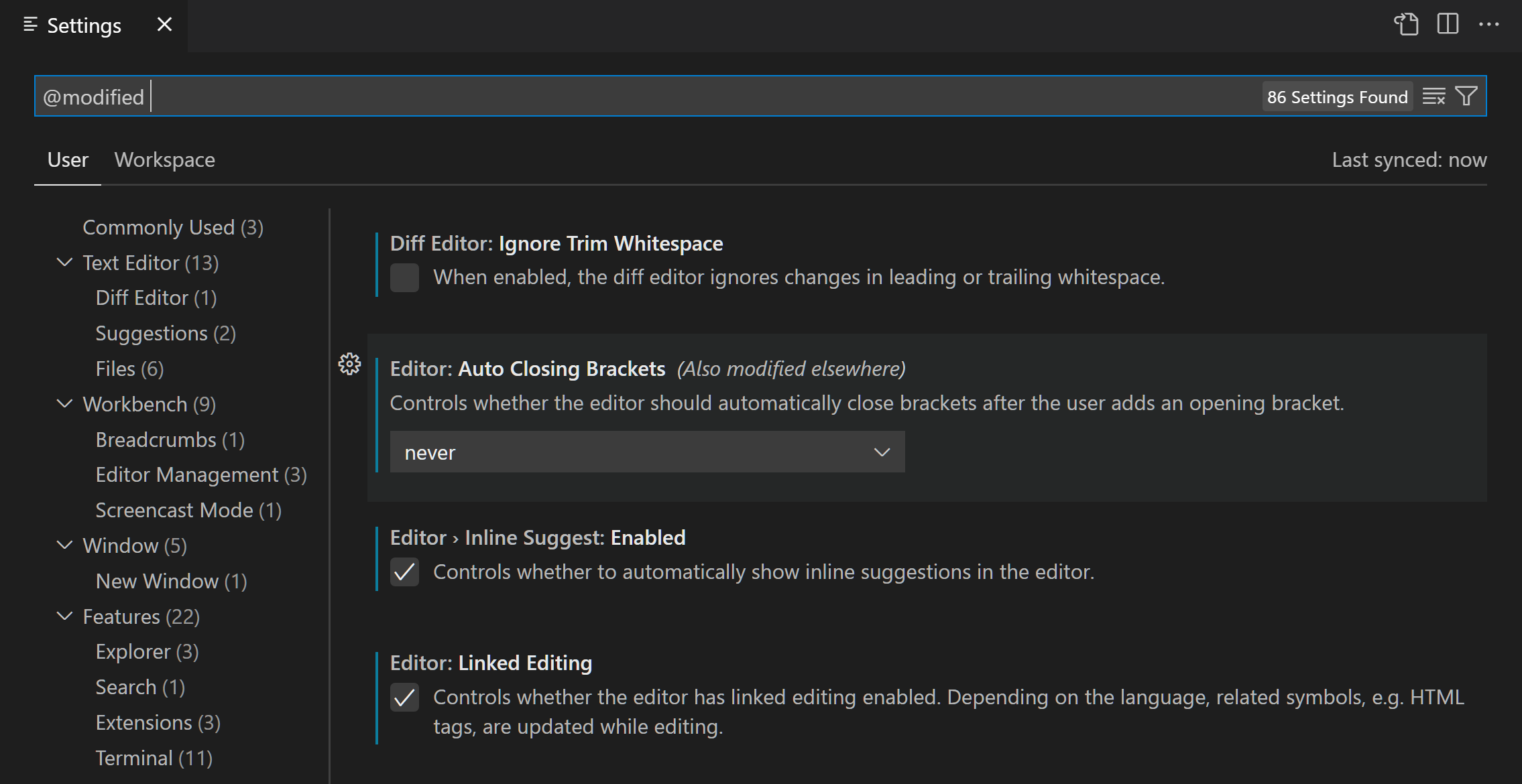 Settings editor with @modified filter showing changed settings