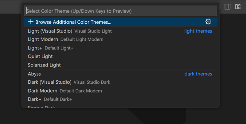 Screenshot of Color Theme picker, highlighting the option to browse themes from the VS Code Marketplace.