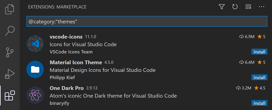 Searching for themes in the Extensions view
