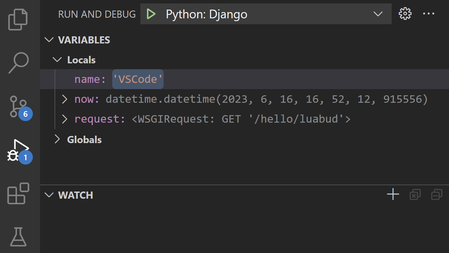 Django tutorial: local variables and arguments in VS Code during debugging