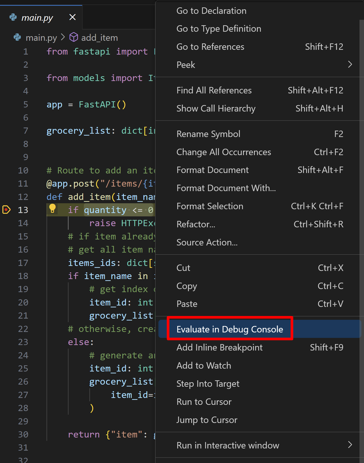 Evaluate in Debug Console option displayed in the context menu when right-clicking on a line of code