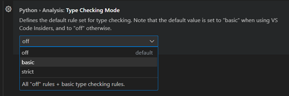 Python Analysis Type Checking Mode options (off, basic and strict) in Settings editor
