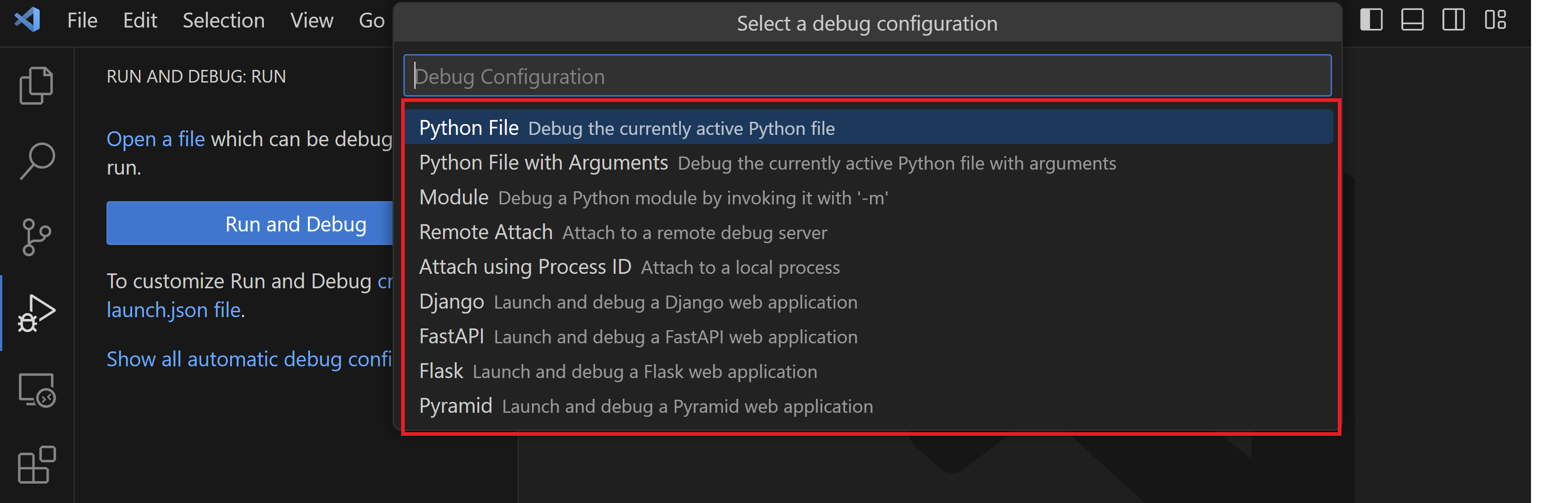 List of Python debugger configuration options