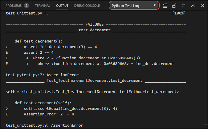Test results in the Python Test Log output panel