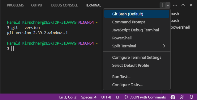 Selecting Git Bash as shell in Visual Studio Code's built-in terminal
