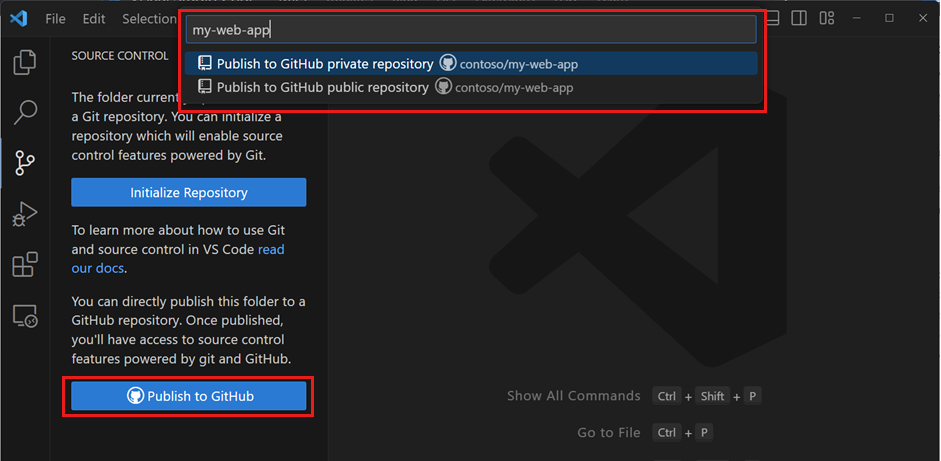 Screenshot of the Publish to GitHub quick prompt, showing private and public GitHub repository names