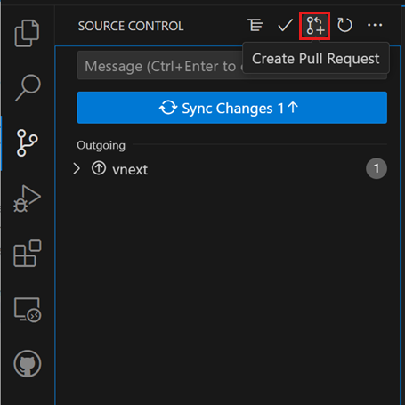 Source Control view, highlighting the 'Create pull request' button
