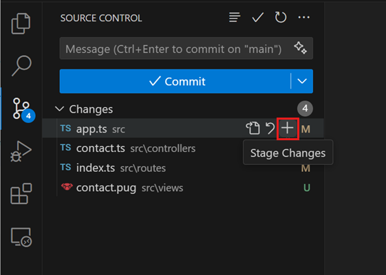Source Control view with four changed files, highlighting the '+' button to stage the changes of a file