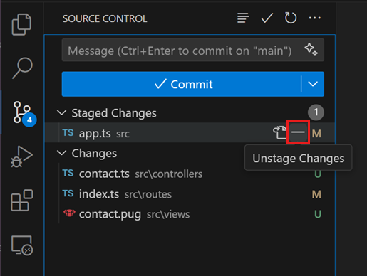 Source Control view with four changed files, highlighting the '-' button to unstage the changes of a file