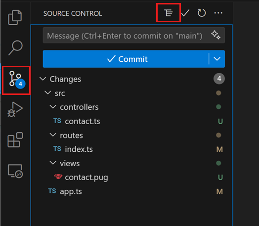 Source Control view, highlighting the tree/list view control in the header