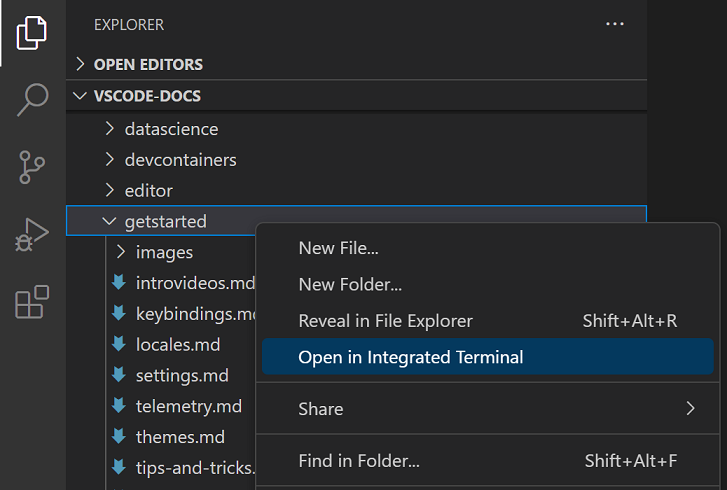 A folder selected in the Explorer displaying the context menu with the Open in Integrated Terminal command
