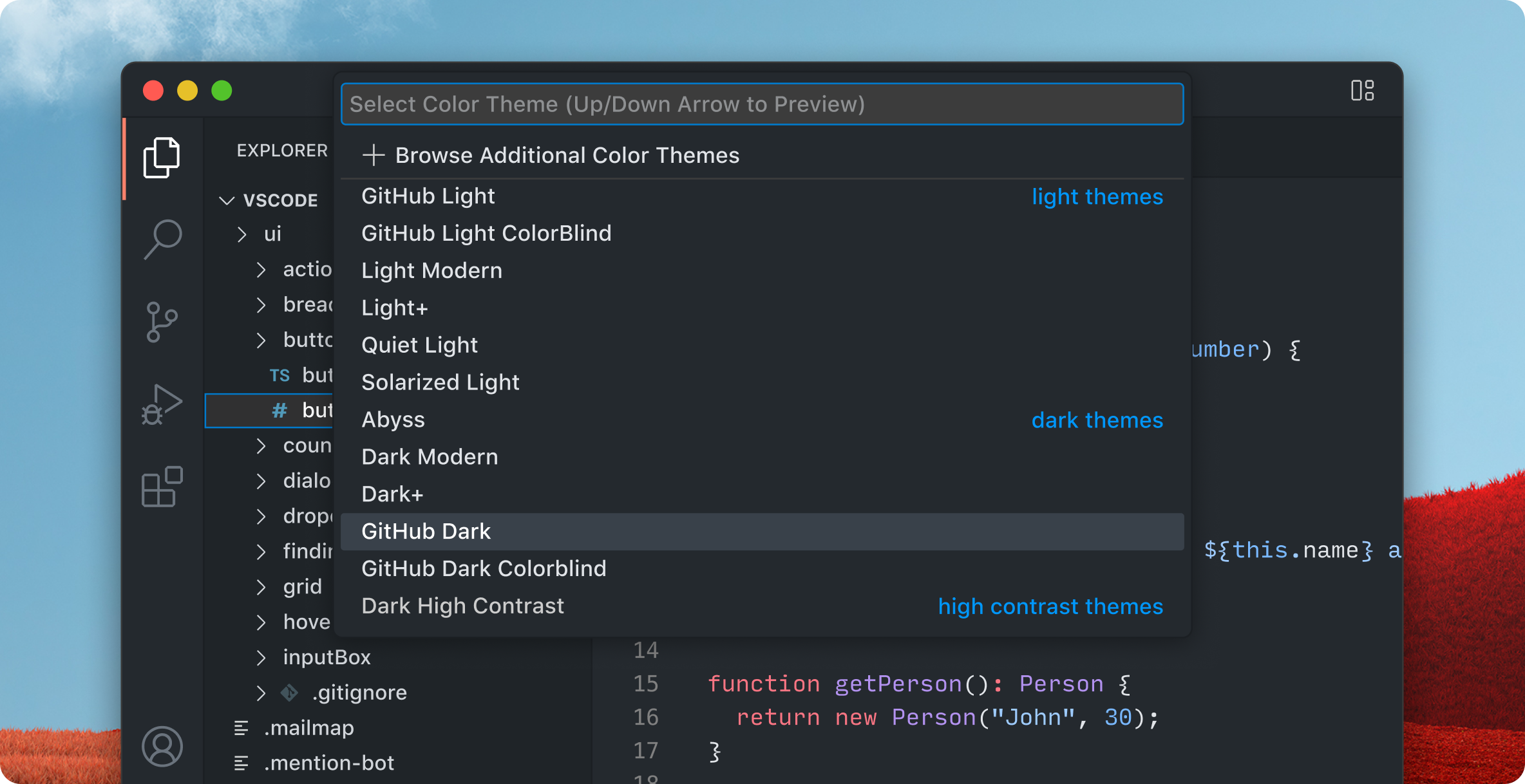 Selecting the GitHub Dark theme with a quick pick
