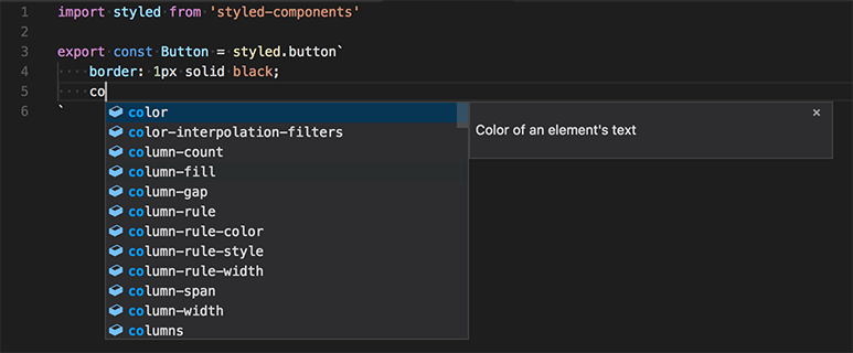 Styled component IntelliSense from the typescript-styled plugin