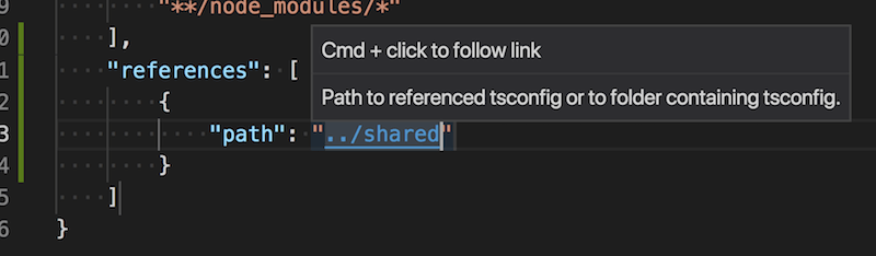 Cmd click on the path to open the referenced project's tsconfig