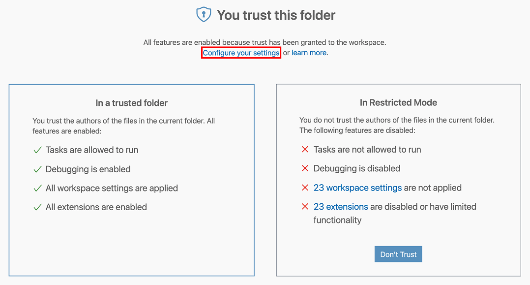 Configure your settings action in the Workspace Trust editor