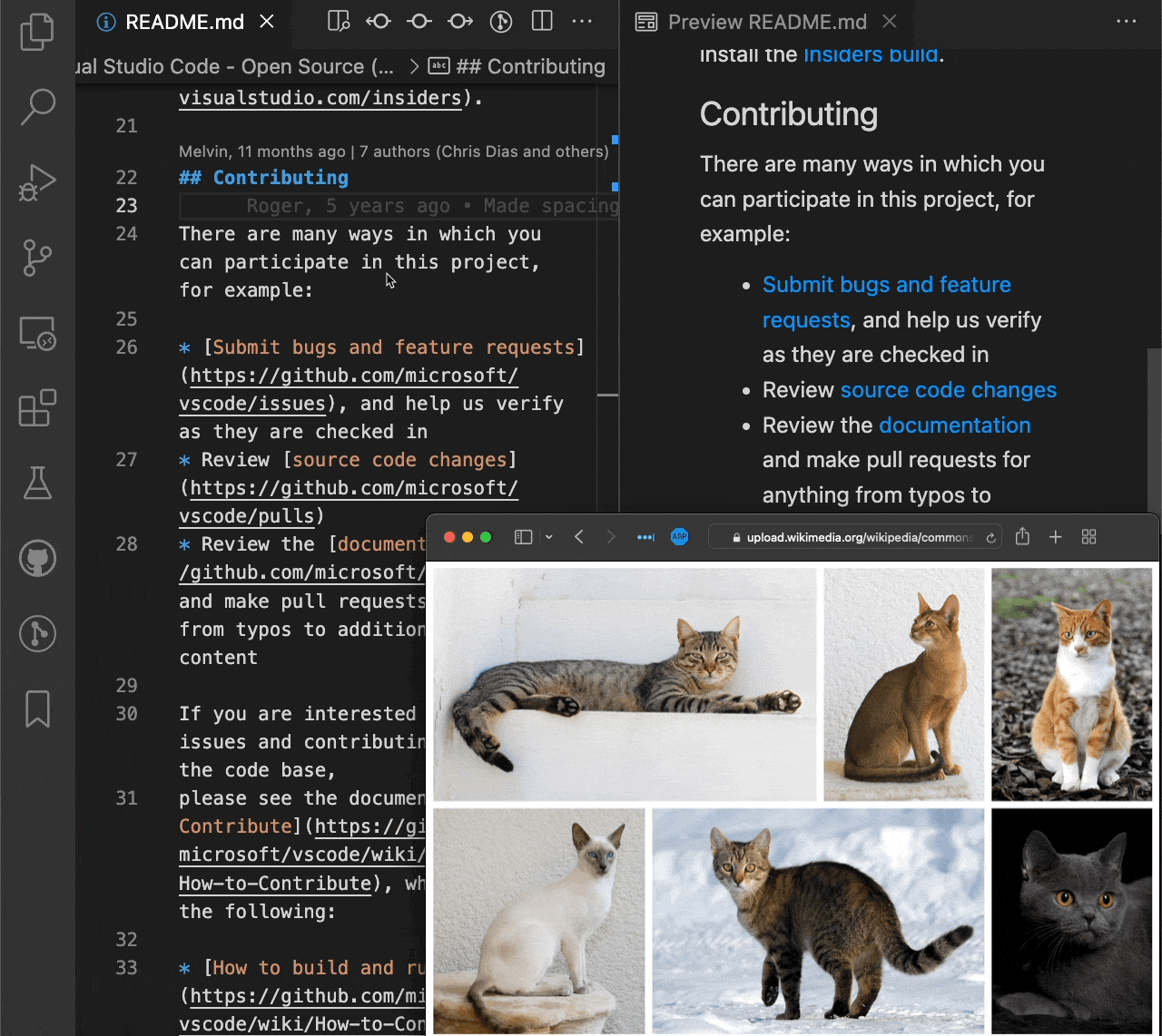 Dropping a image from a web browser into VS Code to add a Markdown image