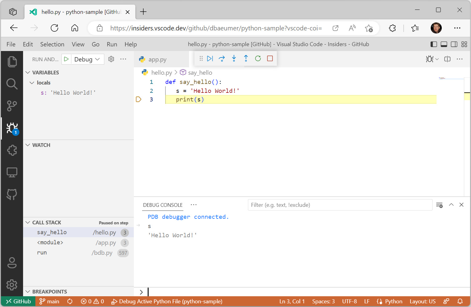 Python debugging in VS Code for the Web