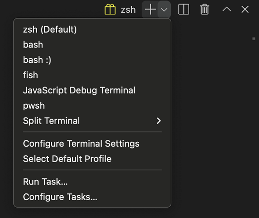 The last section of the terminal dropdown menu contains Run Task and Configure Tasks commands