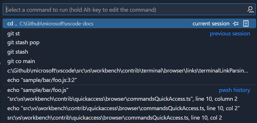 Commands previously run are split up by current and previous sessions and also pulled in from the shell's history file