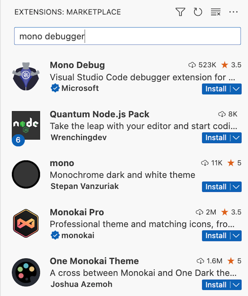 Search results for "mono debugger" showing Mono debug extension as the top result