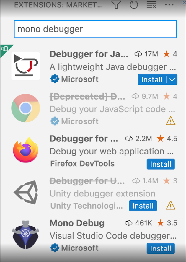 Search results for "mono debugger" showing Java debugger extension as the top result